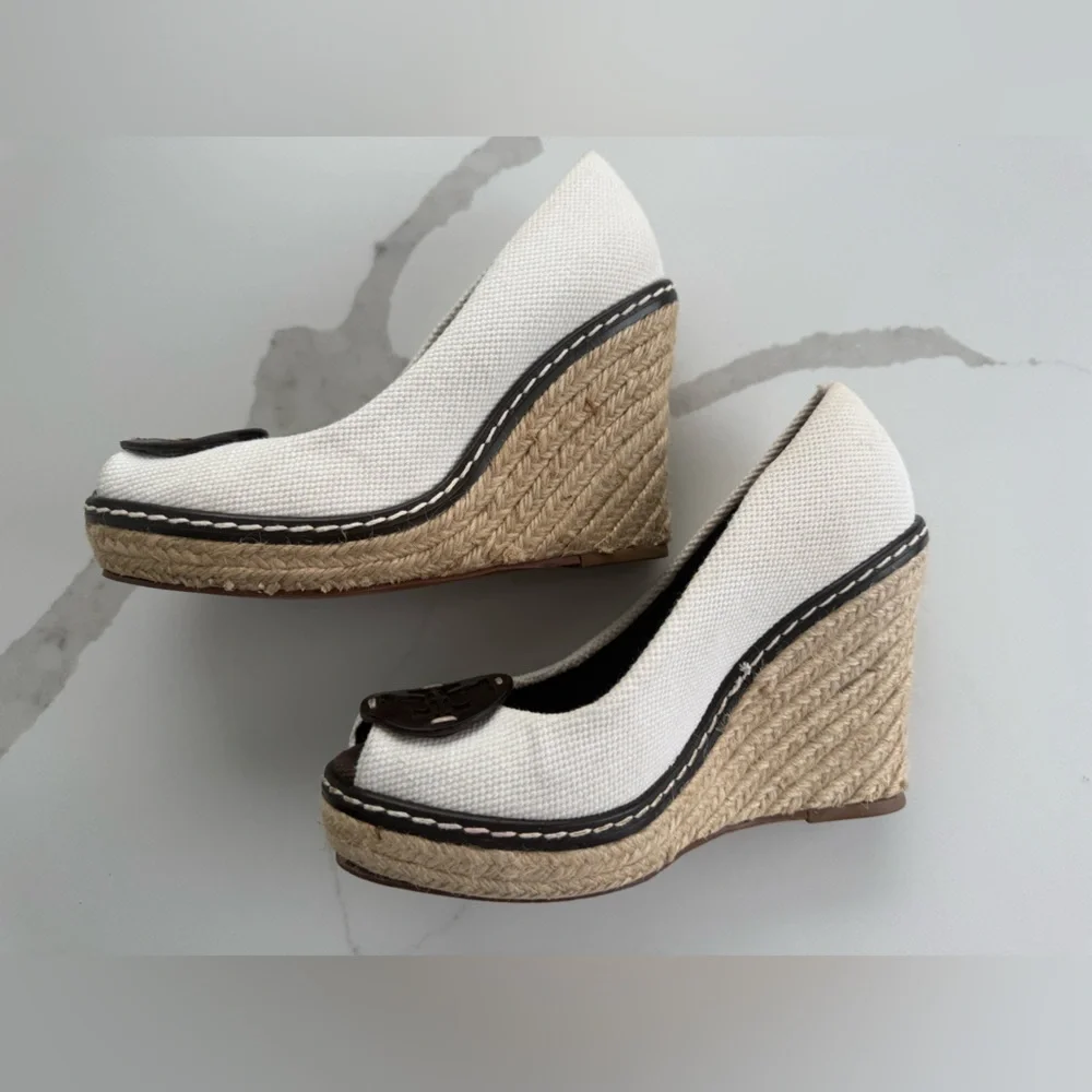 Tory Burch Peep-Toe Wedge Espadrilles-Size 6.5-White/Cream